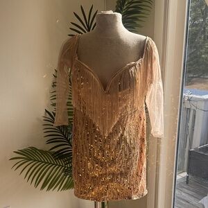 Fringe Sequin Dress with Sheer Sleeves